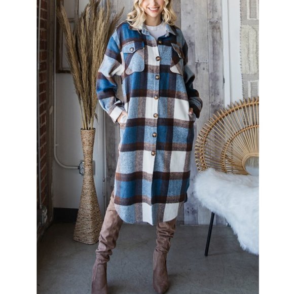Plaid Oversized Long Shirt Jacket Shacket Coat - Picture 6 of 7